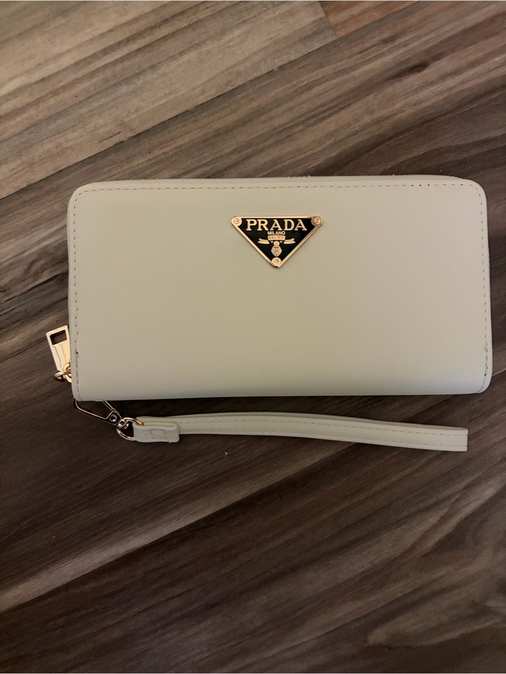 Prada Cream Zip-Around Wristlet Wallet with Gold Logo